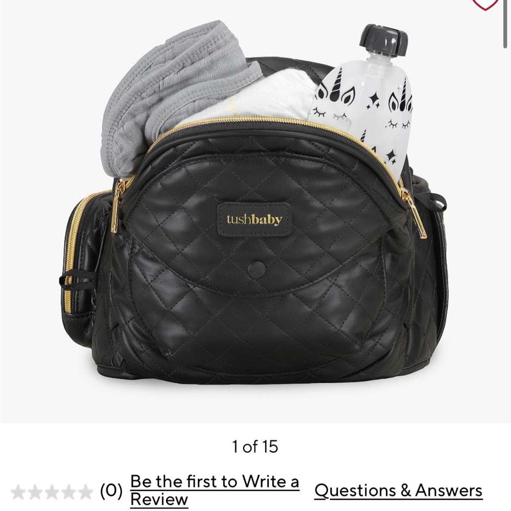 tushbaby Quilted Black Baby Diaper Bag with Gold Hardware